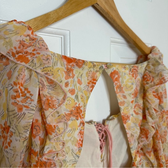 FREE PEOPLE Mabel Floral Print Yellow Orange Ruched Long Sleeve Top Bohemian XS - Picture 11 of 12